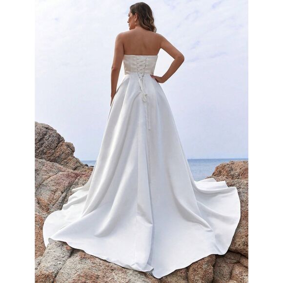 Modern Wedding Dress Satin Simple Plain Wedding Gown Corset Silk Side Slit Prom - Picture 3 of 8